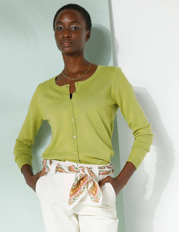 Cardigan boutonné col rond uni, toucher doux (vert mousse) Cardigan boutonné col rond uni, toucher doux (vert mousse)